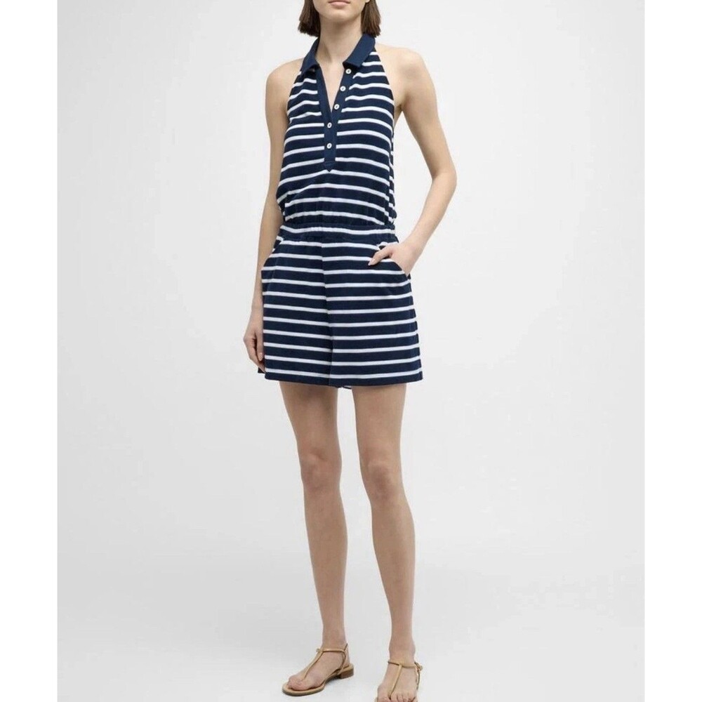 Veronica Beard 'Taggart' Striped Terrycloth Romper, Navy Blue/White Small